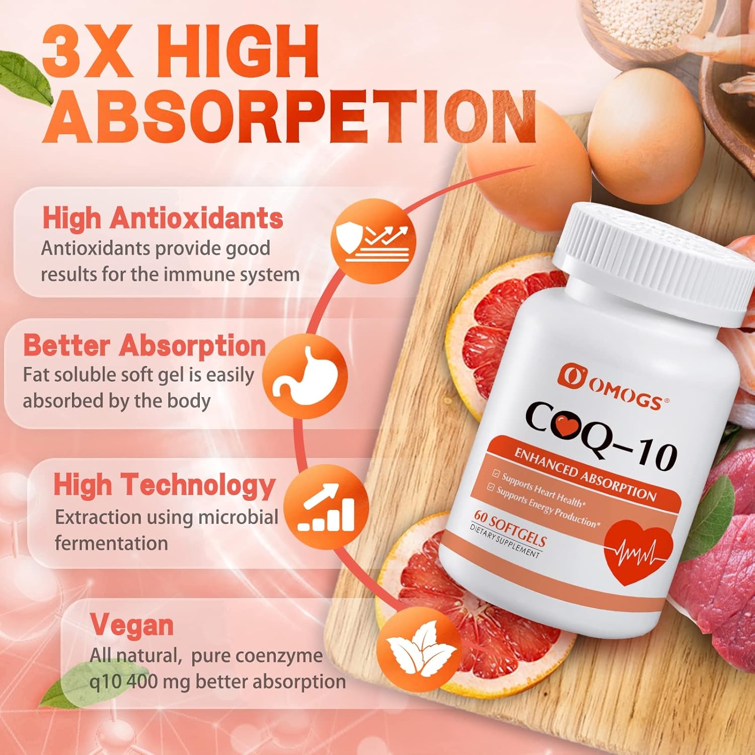 OMOGS CoQ10 400mg Softgels, Coenzyme Q10 High Absorption Supplements Support Heart Health, Cardiovascular Health, Immune System & Cellular Energy Production, Vegan, Gluten Free, 60 Softgels