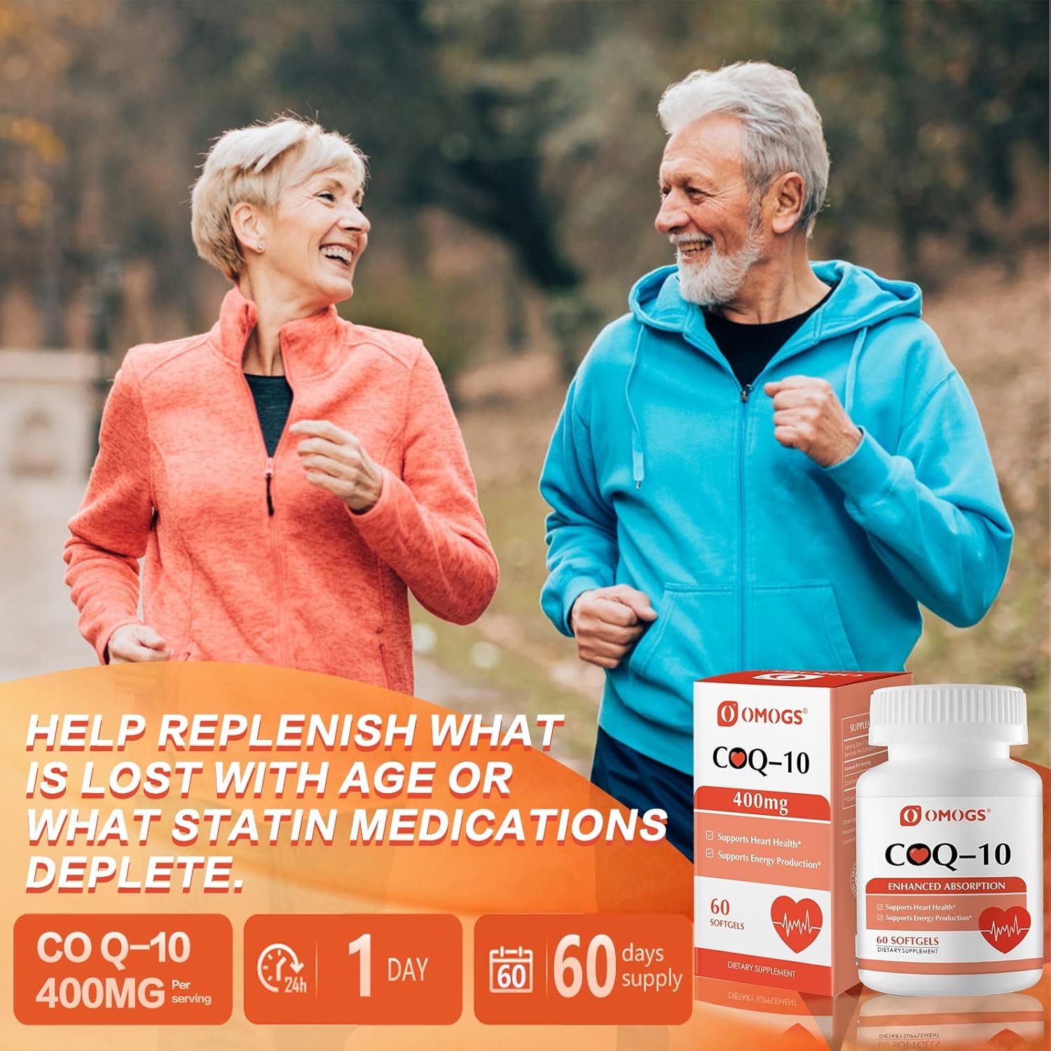 OMOGS CoQ10 400mg Softgels, Coenzyme Q10 High Absorption Supplements Support Heart Health, Cardiovascular Health, Immune System & Cellular Energy Production, Vegan, Gluten Free, 60 Softgels