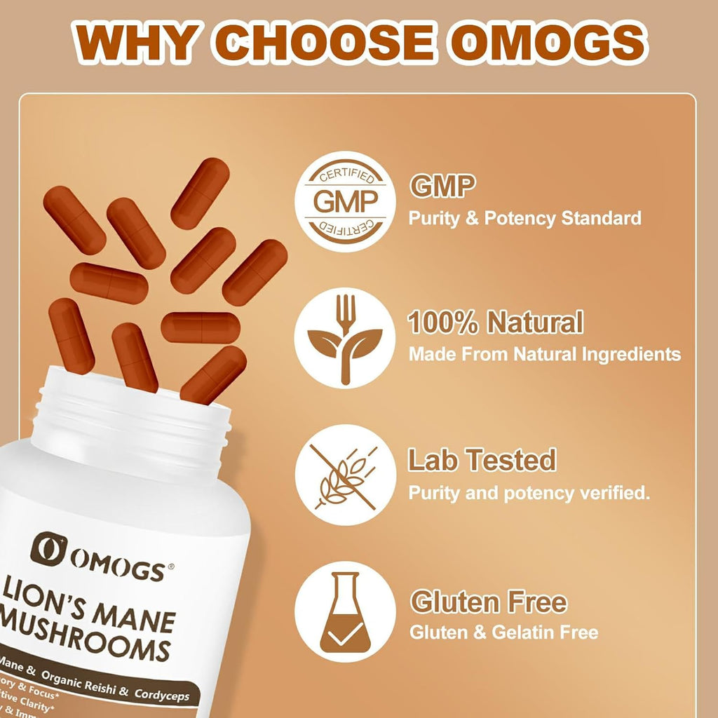 OMOGS Mushroom Complex Supplement Capsules 10:1 Extract, Lions Mane Supplement with Cordyceps, Reishi, for Brain Health, Memory Support, Focus & Immune System