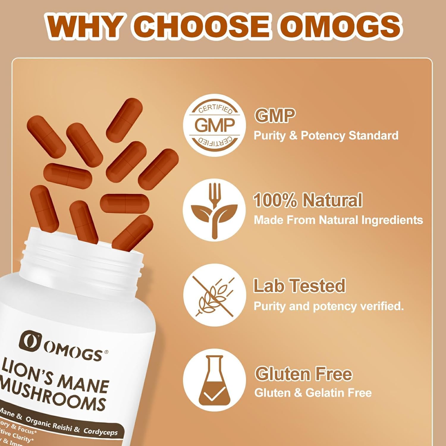 OMOGS Mushroom Complex Supplement Capsules 10:1 Extract, Lions Mane Supplement with Cordyceps, Reishi, for Brain Health, Memory Support, Focus & Immune System
