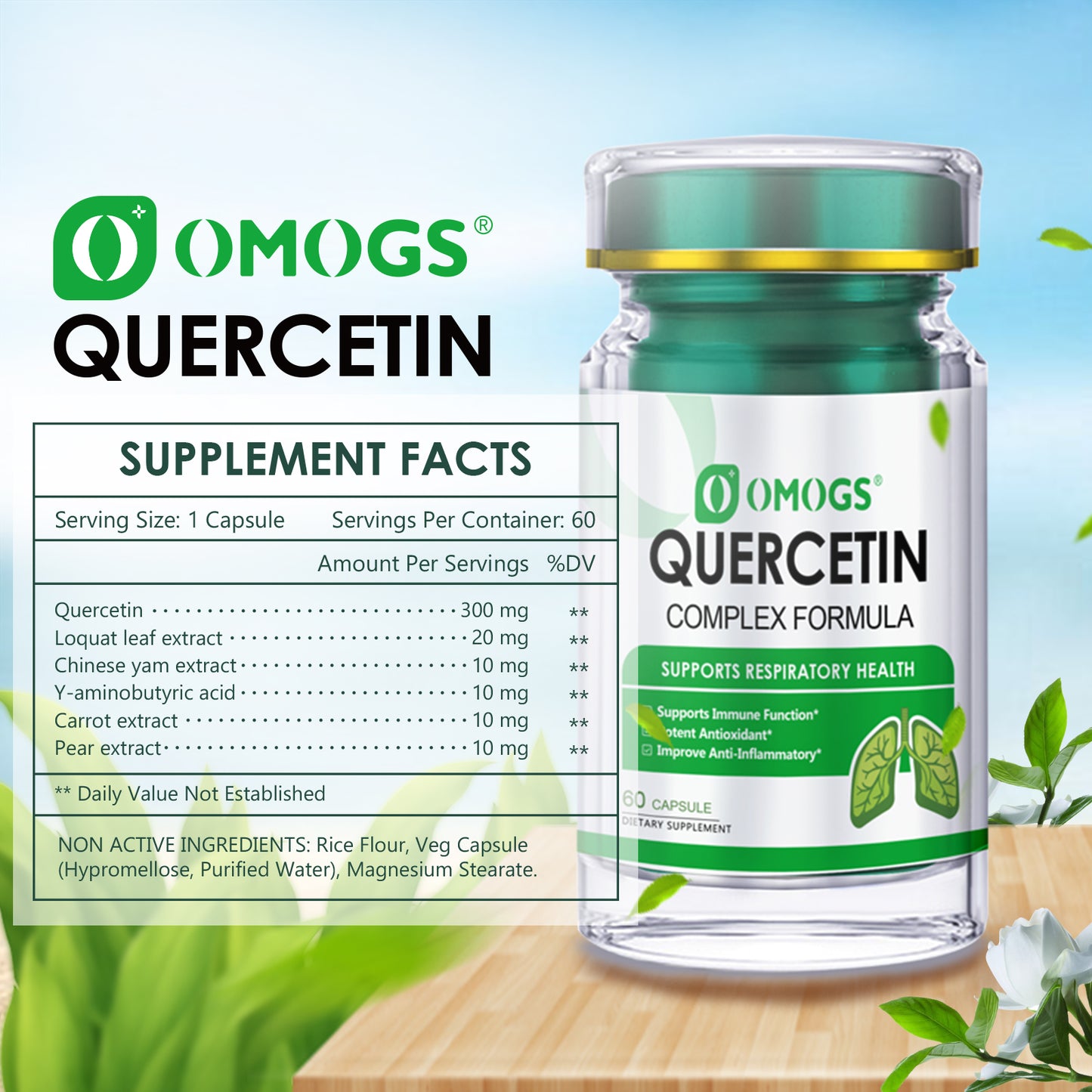 OMOGS Quercetin 300mg with Loquat Leaf Extract ,Y-aminobutyric Acid and Vitamin C, Enhance Immune,Respiratory Health,Antioxidant and Anti-Inflammatory,Natural Non GMO/Non Soy/Gluten Free, 60 Capsules
