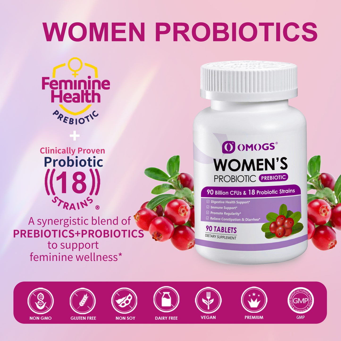 OMOGS Women's Probiotic,with Cranberry Extract and Organic Prebiotics,90 Billion CFUs,18 Strains,Help for Boost Immune,Digestive, Gut and Women's Health,Gluten Dairy Yeast & Soy Free, 90 Tablets