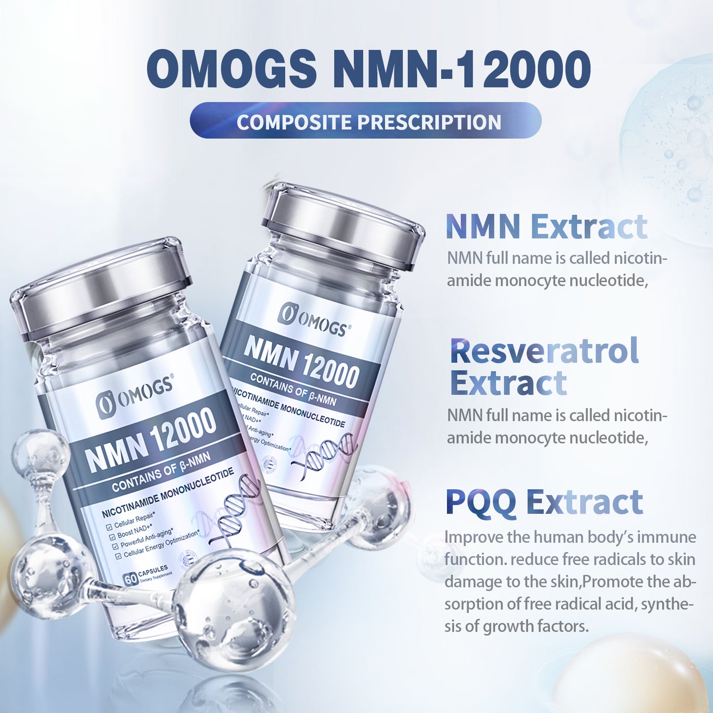 OMOGS NMN 12000, Nicotinamide Mononucleotide Supplement ,99% High Purity to Boost NAD+ Levels, High Absorption & Stabilized Form for Cellular Optimization,Healthy Aging,Boost Energy